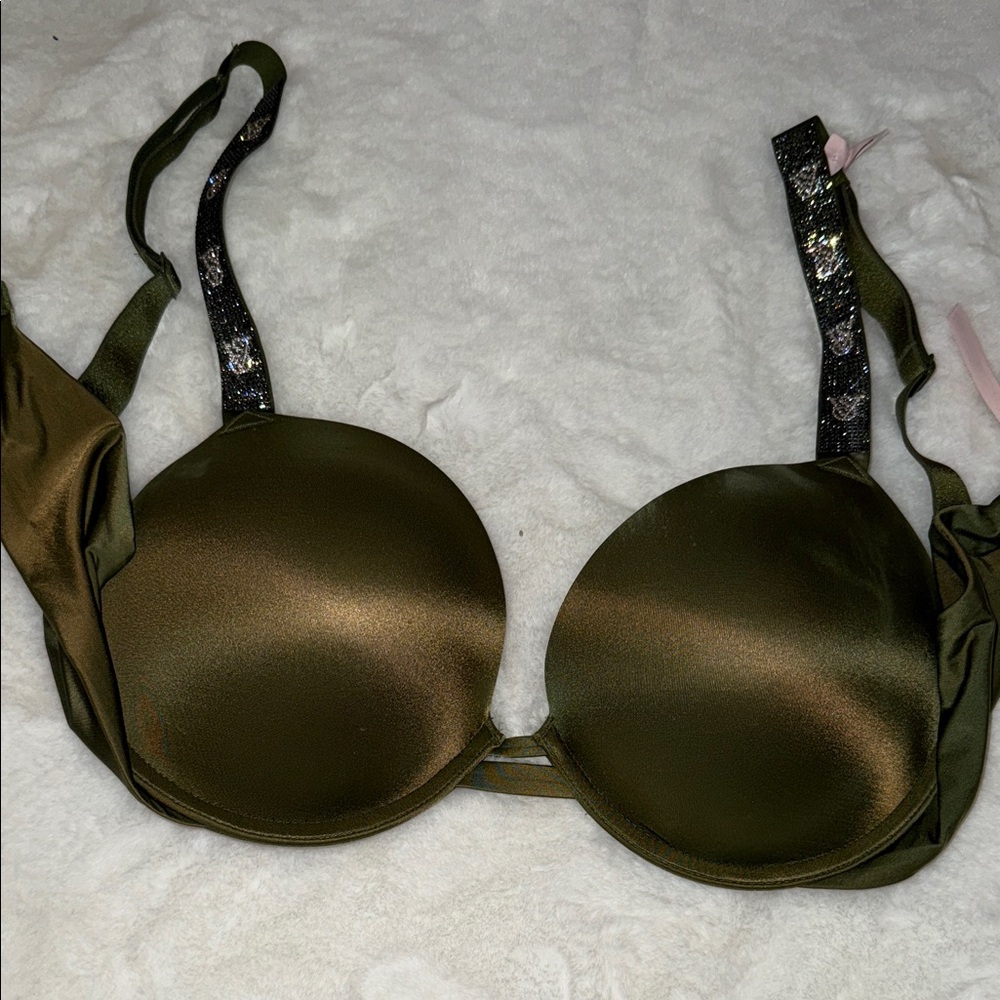 Victorias Secret Bombshell olive green rhinestone strap push up bra